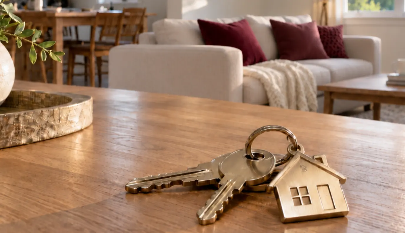 Chiavi di casa con portachiavi a forma di casetta su un tavolo in legno