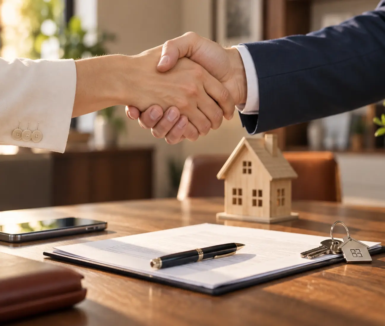 Stretta di mano sopra un contratto di compravendita con le chiavi di casa